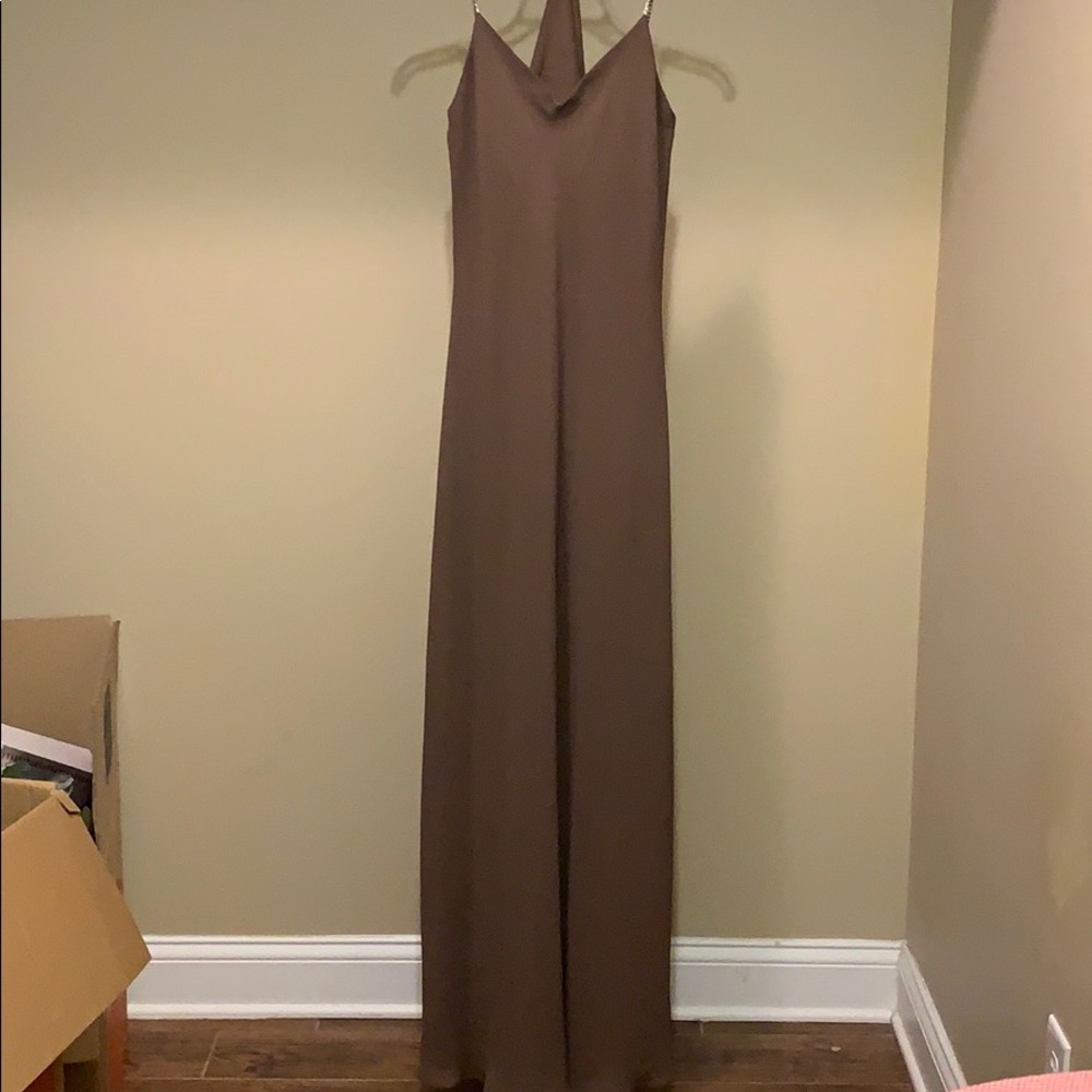 Brown prom dress with rhinestone strap and shawl